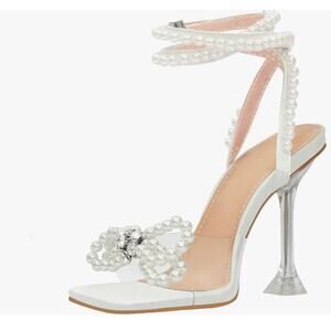 Yolkomo Women's Square Toe Clear Heel Rhinestone Bow High Heel Sandals